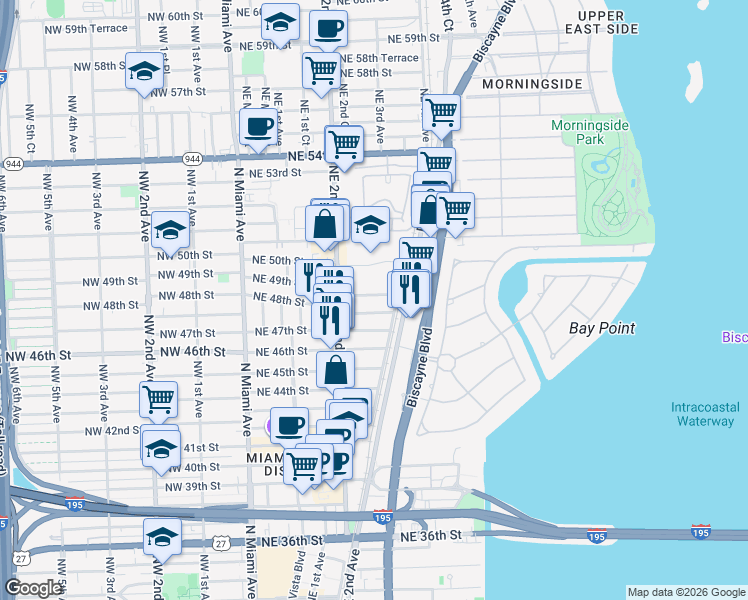 map of restaurants, bars, coffee shops, grocery stores, and more near 265 Northeast 48th Street in Miami