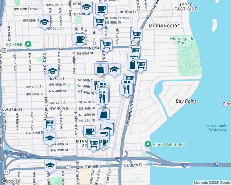map of restaurants, bars, coffee shops, grocery stores, and more near 265 Northeast 48th Street in Miami