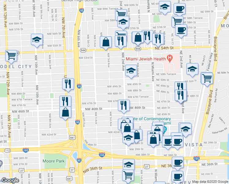 map of restaurants, bars, coffee shops, grocery stores, and more near 220 Northwest 48th Street in Miami