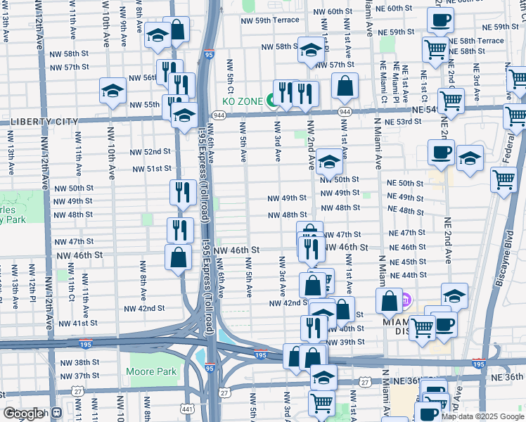 map of restaurants, bars, coffee shops, grocery stores, and more near 4755 Northwest 5 Avenue in Miami
