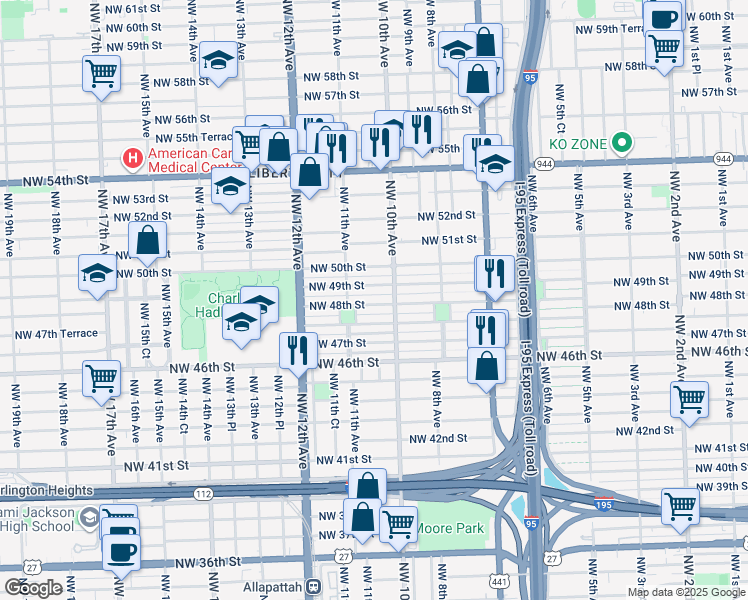 map of restaurants, bars, coffee shops, grocery stores, and more near 1022 Northwest 48th Street in Miami