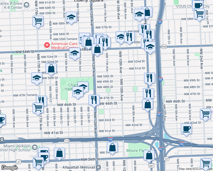 map of restaurants, bars, coffee shops, grocery stores, and more near 1098 Northwest 48th Street in Miami