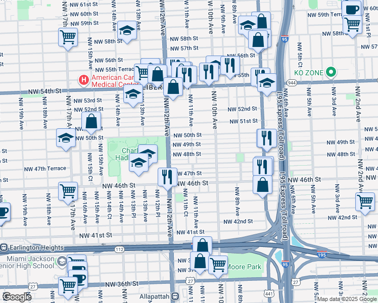 map of restaurants, bars, coffee shops, grocery stores, and more near 1098 Northwest 48th Street in Miami