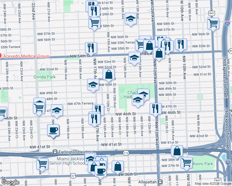 map of restaurants, bars, coffee shops, grocery stores, and more near 4829 Northwest 15th Avenue in Miami