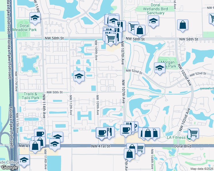 map of restaurants, bars, coffee shops, grocery stores, and more near 10115 Northwest 50th Street in Doral