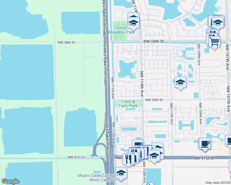 map of restaurants, bars, coffee shops, grocery stores, and more near 5104 Northwest 116th Court in Doral