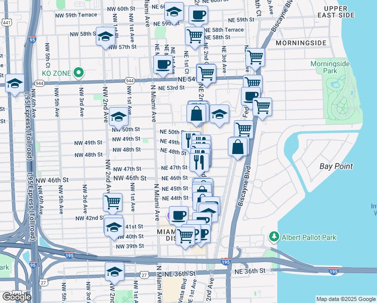 map of restaurants, bars, coffee shops, grocery stores, and more near 102 Northeast 48th Street in Miami