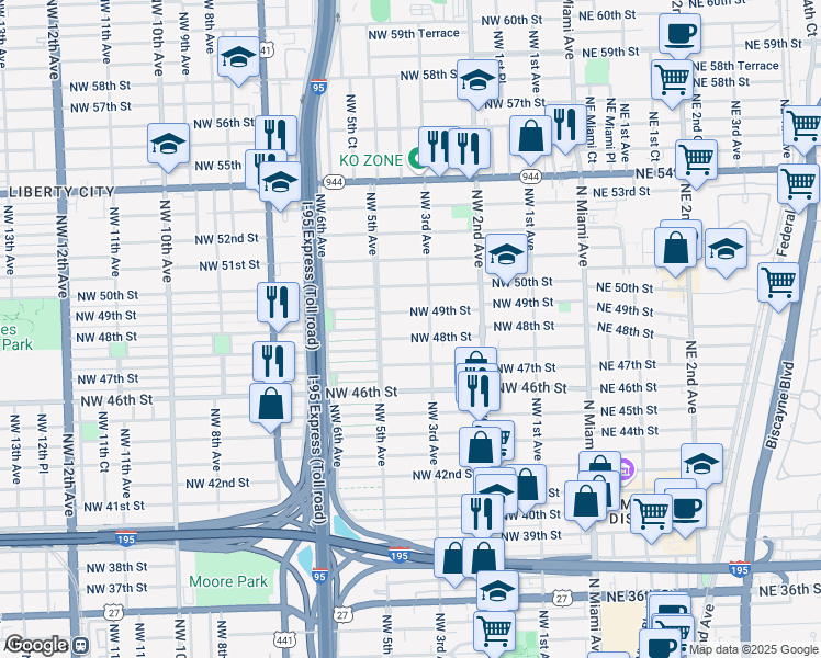 map of restaurants, bars, coffee shops, grocery stores, and more near 4780 Northwest 3rd Avenue in Miami