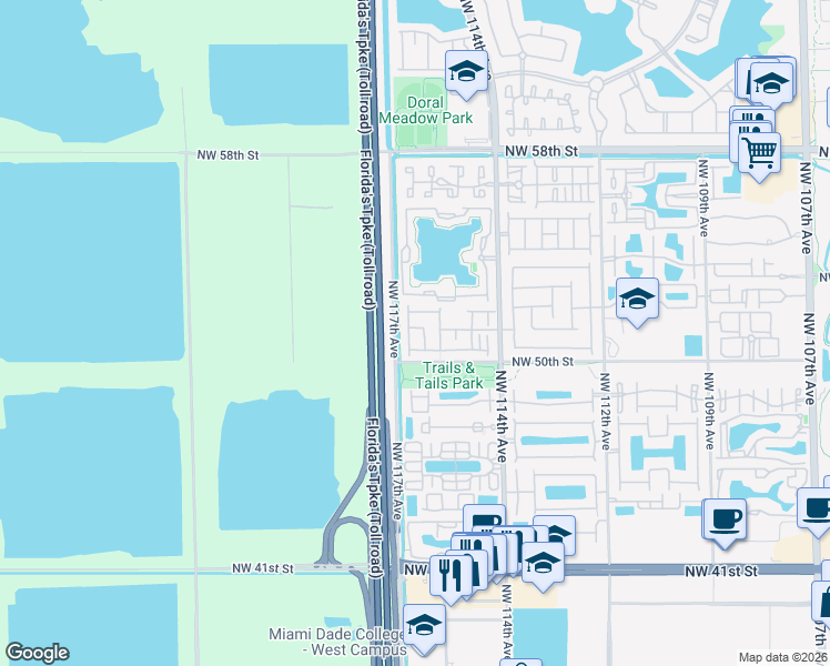 map of restaurants, bars, coffee shops, grocery stores, and more near 5072 Northwest 116th Avenue in Doral