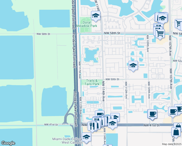 map of restaurants, bars, coffee shops, grocery stores, and more near 5109 Northwest 115th Court in Doral
