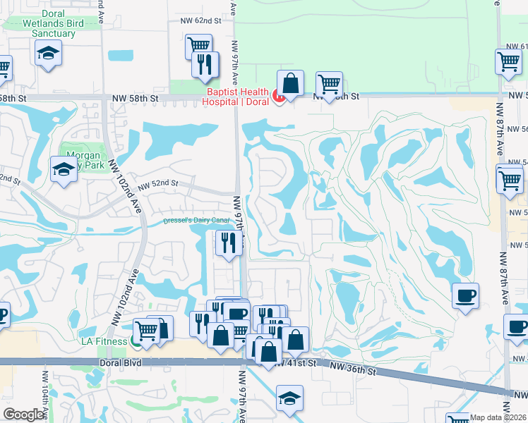 map of restaurants, bars, coffee shops, grocery stores, and more near 5243 Northwest 94th Doral Place in Doral