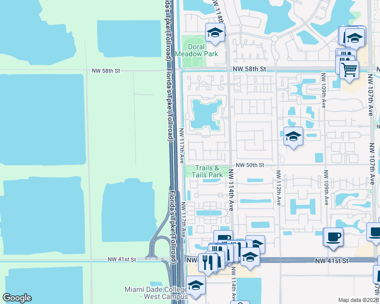 map of restaurants, bars, coffee shops, grocery stores, and more near 11620 Northwest 51st Terrace in Doral