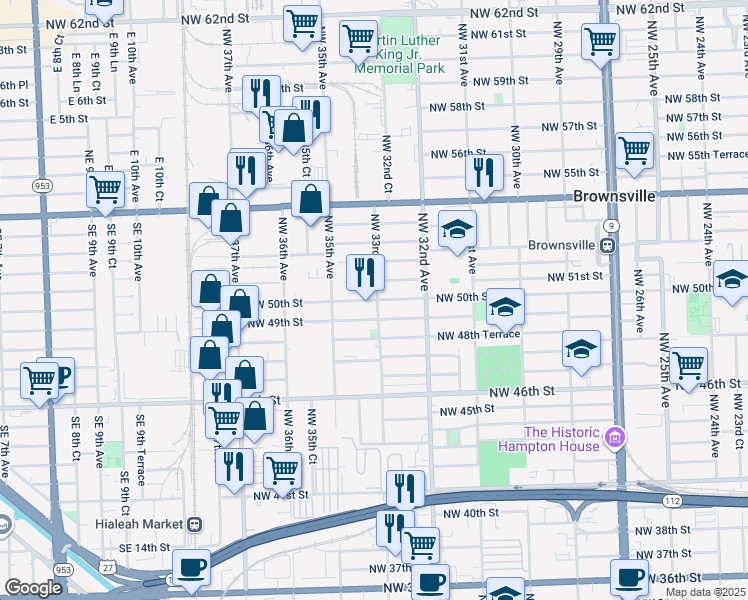 map of restaurants, bars, coffee shops, grocery stores, and more near 3325 Northwest 49th Street in Miami