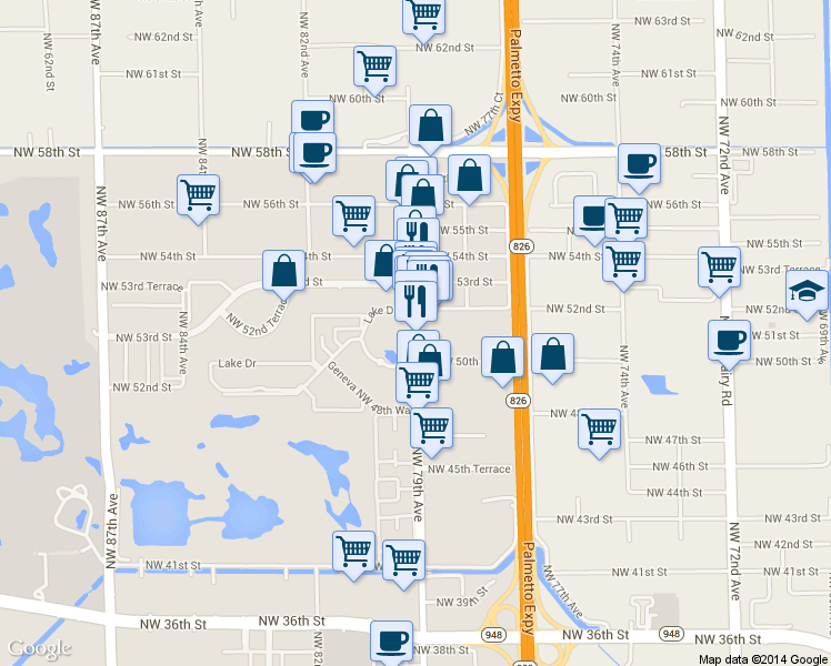 map of restaurants, bars, coffee shops, grocery stores, and more near 5095 Northwest 79th Avenue in Doral