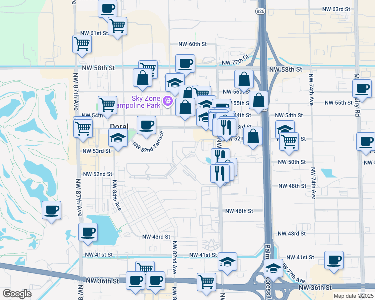 map of restaurants, bars, coffee shops, grocery stores, and more near 5231 Geneva Court in Doral