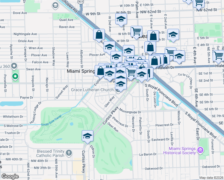 map of restaurants, bars, coffee shops, grocery stores, and more near 254 Curtiss Parkway in Miami Springs