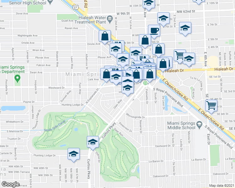 map of restaurants, bars, coffee shops, grocery stores, and more near 270 Hibiscus Drive in Miami Springs