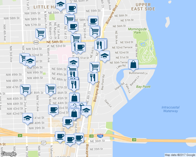 map of restaurants, bars, coffee shops, grocery stores, and more near 4820 Biscayne Boulevard in Miami