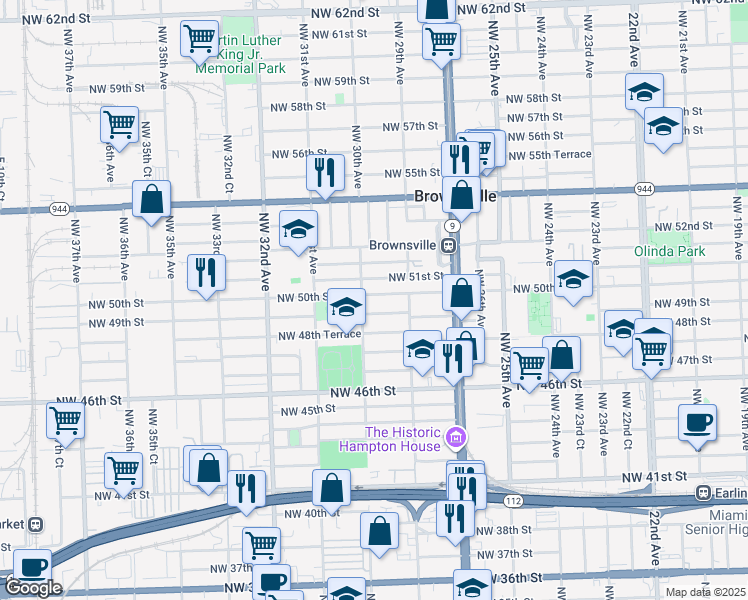 map of restaurants, bars, coffee shops, grocery stores, and more near 2976 Northwest 50th Street in Miami