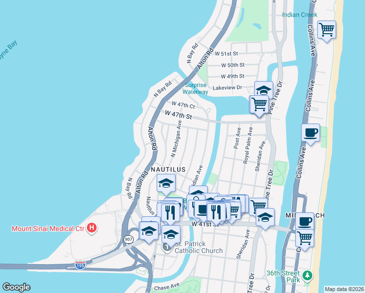 map of restaurants, bars, coffee shops, grocery stores, and more near 4515 Jefferson Avenue in Miami Beach