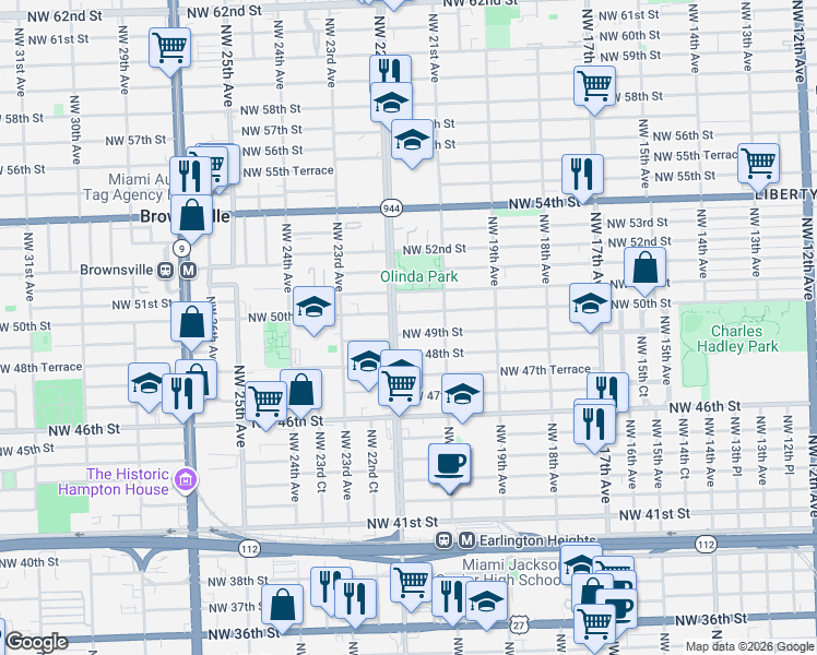 map of restaurants, bars, coffee shops, grocery stores, and more near 2174 Northwest 49th Street in Miami