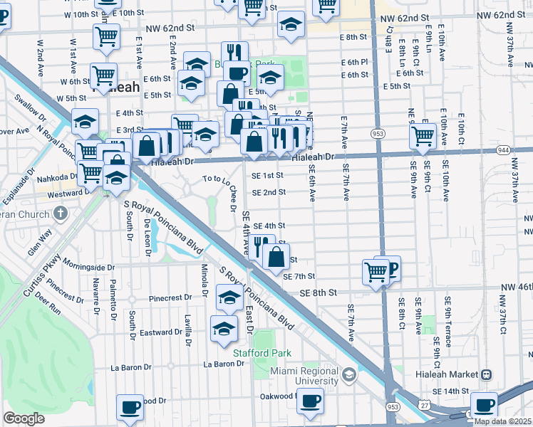 map of restaurants, bars, coffee shops, grocery stores, and more near 425 Southeast 4th Street in Hialeah