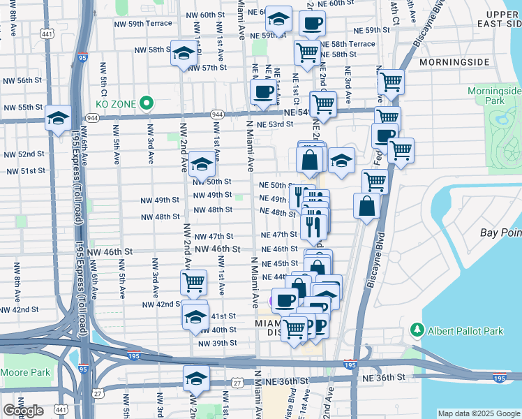 map of restaurants, bars, coffee shops, grocery stores, and more near 64 Northeast 48th Street in Miami