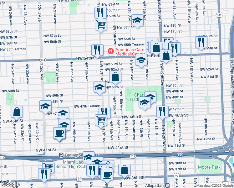 map of restaurants, bars, coffee shops, grocery stores, and more near 4834 Northwest 15th Court in Miami