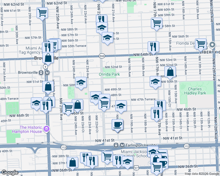 map of restaurants, bars, coffee shops, grocery stores, and more near 2174 Northwest 49th Street in Miami