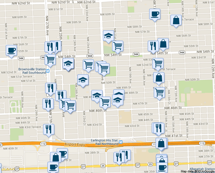map of restaurants, bars, coffee shops, grocery stores, and more near 2174 Northwest 49th Street in Miami