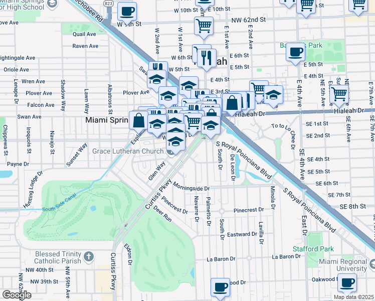 map of restaurants, bars, coffee shops, grocery stores, and more near 185 Curtiss Parkway in Miami Springs