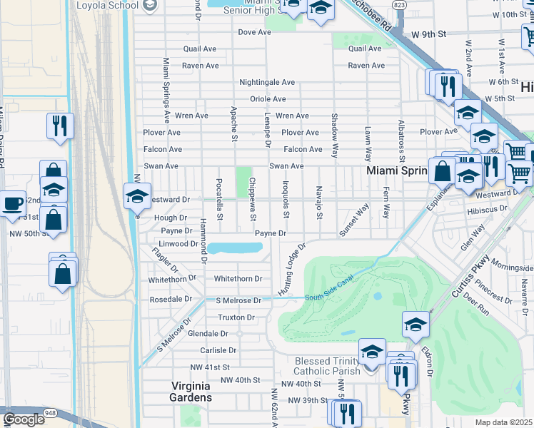 map of restaurants, bars, coffee shops, grocery stores, and more near 164 Lenape Drive in Miami Springs