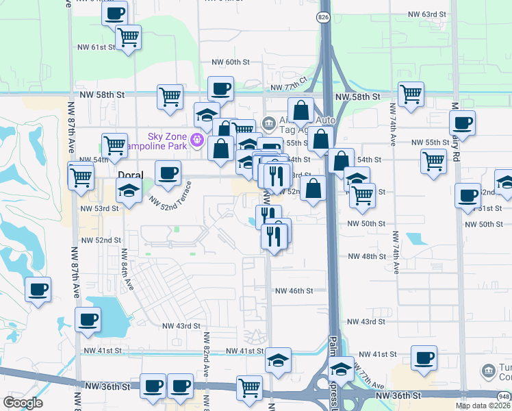 map of restaurants, bars, coffee shops, grocery stores, and more near 5020 Northwest 79th Avenue in Doral