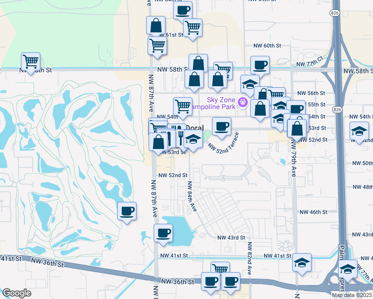 map of restaurants, bars, coffee shops, grocery stores, and more near 8450 Northwest 53rd Street in Doral