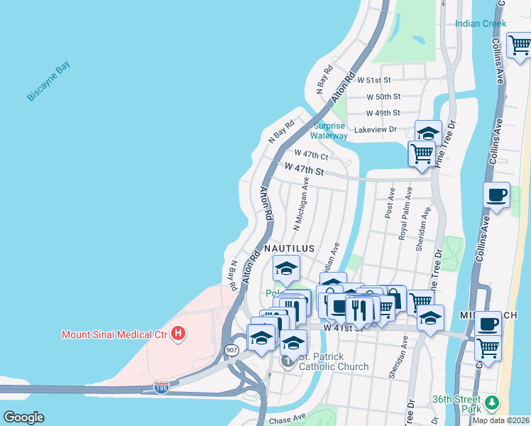 map of restaurants, bars, coffee shops, grocery stores, and more near 4456 Alton Road in Miami Beach