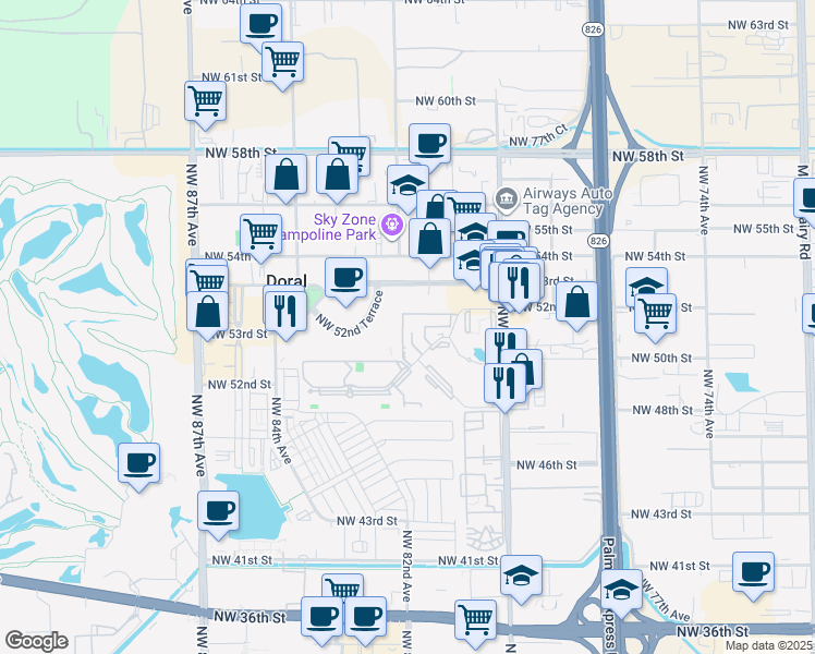 map of restaurants, bars, coffee shops, grocery stores, and more near 8043 Washkewics Way in Doral
