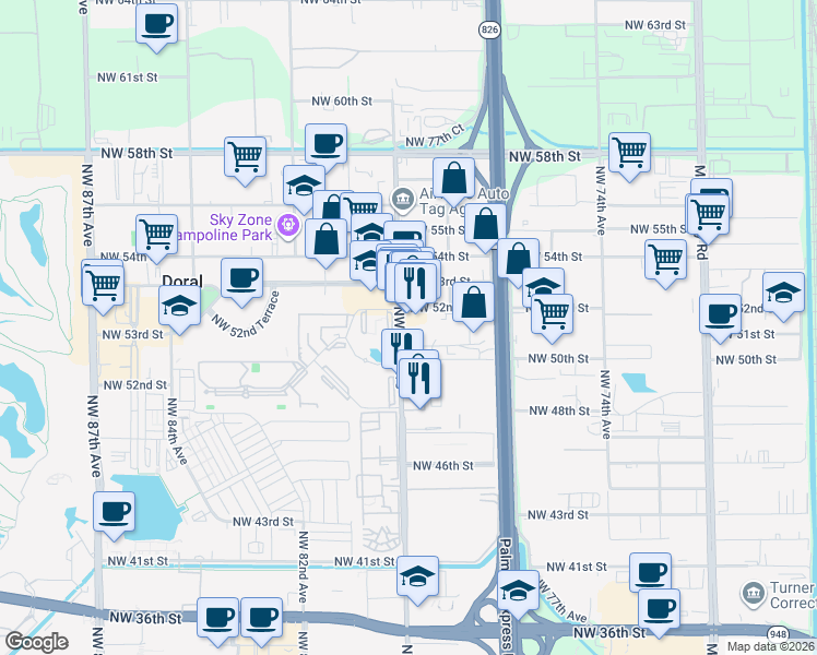 map of restaurants, bars, coffee shops, grocery stores, and more near 5095 Northwest 79th Avenue in Doral