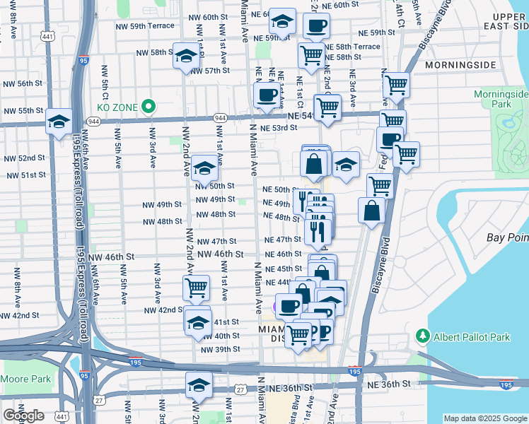 map of restaurants, bars, coffee shops, grocery stores, and more near 64 Northeast 48th Street in Miami