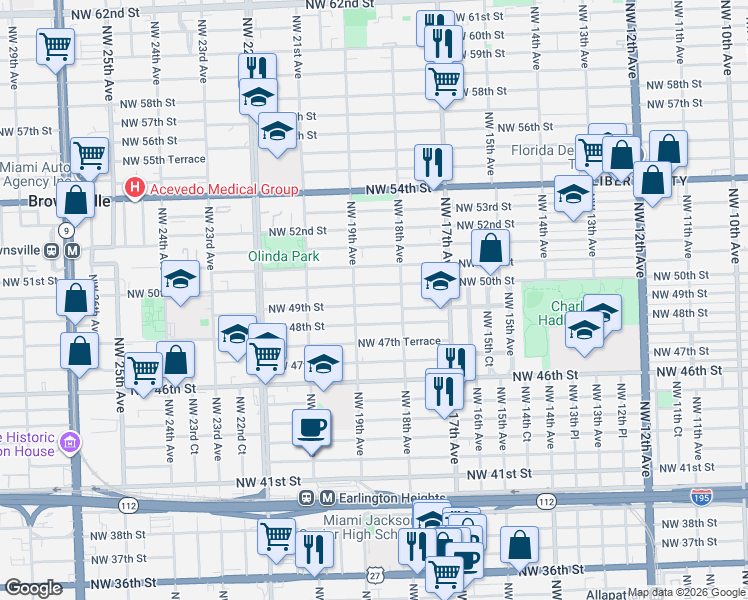 map of restaurants, bars, coffee shops, grocery stores, and more near 1851 Northwest 48th Street in Miami