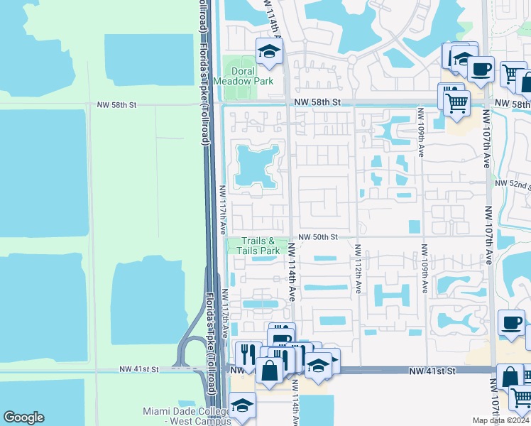 map of restaurants, bars, coffee shops, grocery stores, and more near 11461 Northwest 51st Terrace in Doral
