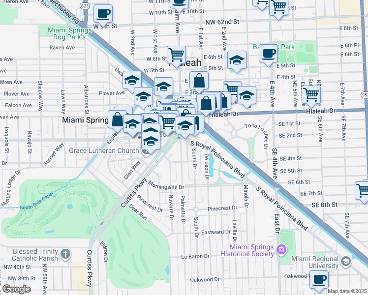 map of restaurants, bars, coffee shops, grocery stores, and more near 60 Palmetto Drive in Miami Springs