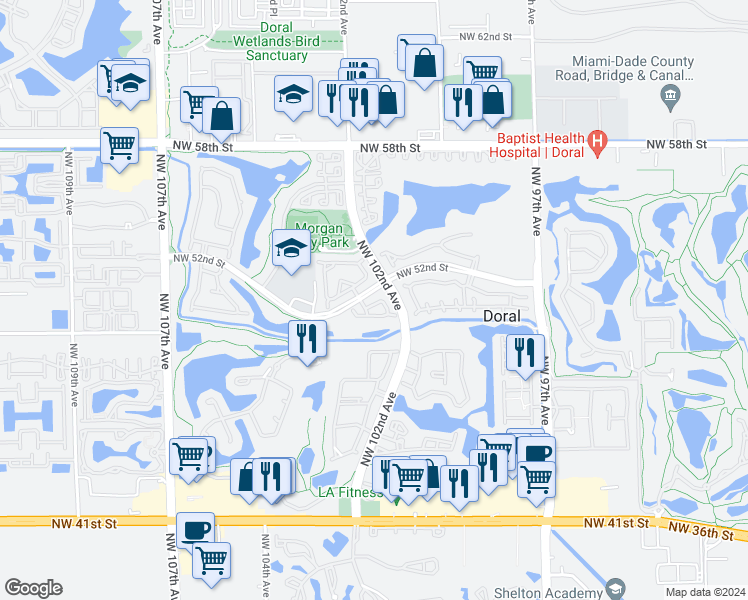 map of restaurants, bars, coffee shops, grocery stores, and more near 10249 Northwest 51st Lane in Doral