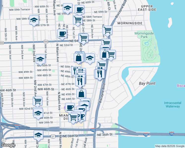 map of restaurants, bars, coffee shops, grocery stores, and more near 265 Northeast 48th Street in Miami