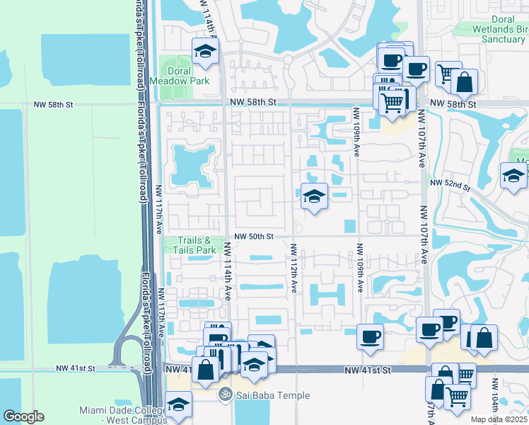 map of restaurants, bars, coffee shops, grocery stores, and more near 11279 Northwest 51st Terrace in Doral