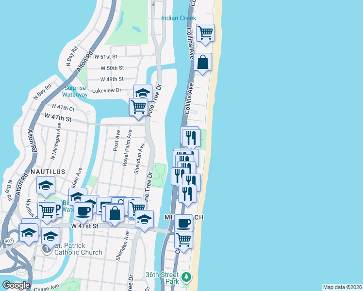 map of restaurants, bars, coffee shops, grocery stores, and more near Collins Avenue in Miami Beach