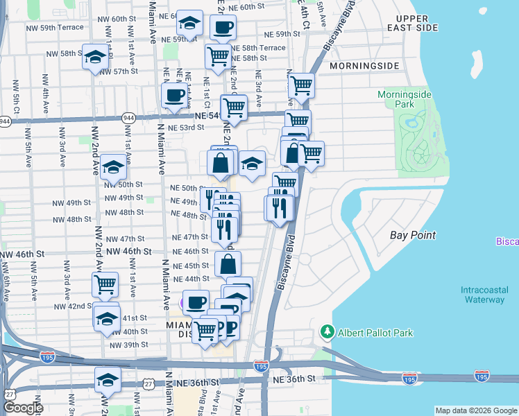 map of restaurants, bars, coffee shops, grocery stores, and more near 265 Northeast 48th Street in Miami