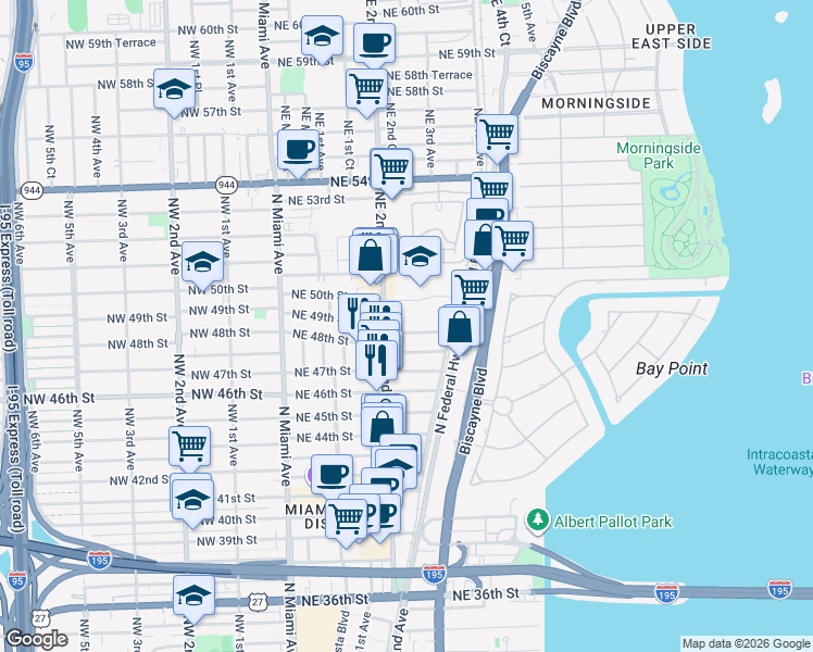 map of restaurants, bars, coffee shops, grocery stores, and more near 201 Northeast 48th Street in Miami