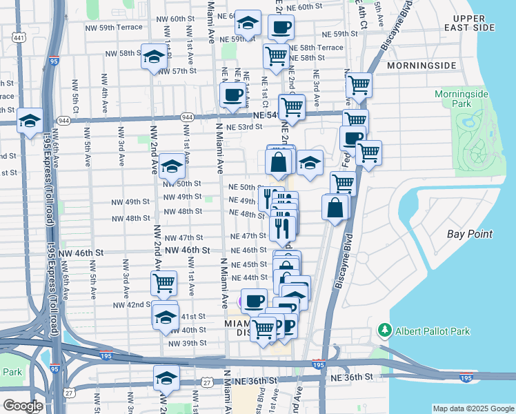 map of restaurants, bars, coffee shops, grocery stores, and more near 102 Northeast 48th Street in Miami