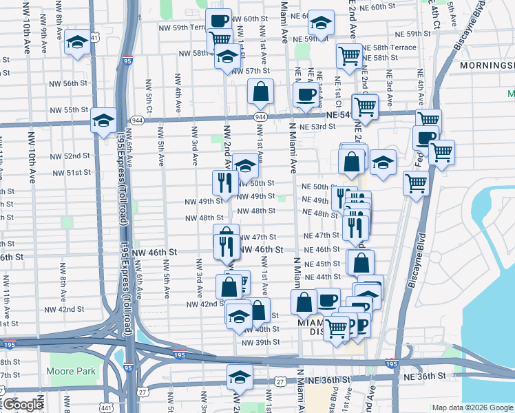 map of restaurants, bars, coffee shops, grocery stores, and more near 97 Northwest 47th Terrace in Miami