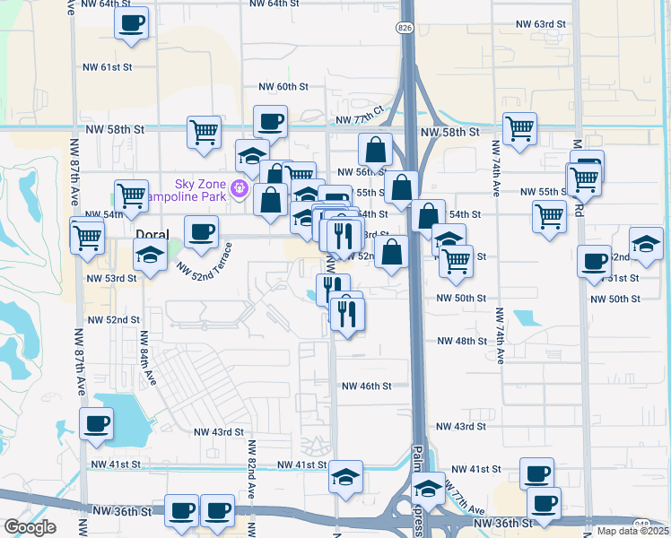 map of restaurants, bars, coffee shops, grocery stores, and more near 5095 Northwest 79th Avenue in Doral